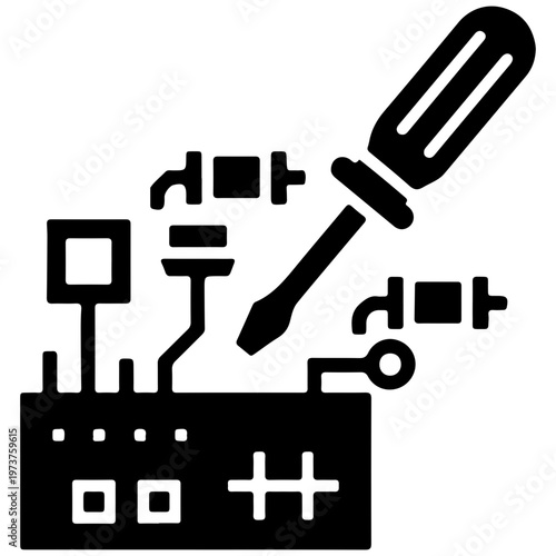 hand soldering electronic circuit board repair close-up minimalist illustration