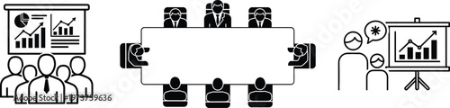 Business presentation meeting analytics teamwork icons set, corporate boardroom discussion data chart strategy communication conference vector silhouettes collection