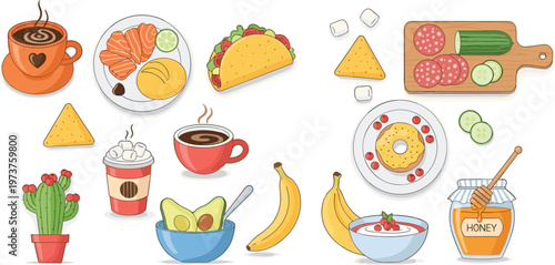 Breakfast and Snack Items with Coffee, Tacos, Avocado, Banana, Donut, and Honey for Digital Design