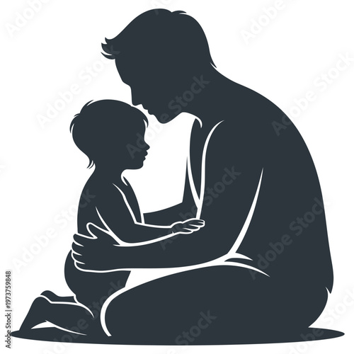 Silhouette illustration of father and child bonding together while kneeling on floor showing parental love and affection in simple dark gray vector style on clean white background.