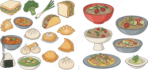 Assorted Food Collection with Sandwiches, Dumplings, Tacos, Pasta, Soup, and Samosas for Digital Design