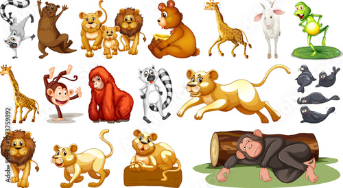 Wild animals on white background