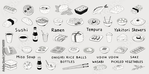 Collection of various japanese foods including sushi ramen and tempura