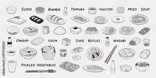 A colorful illustration depicting a variety of japanese food dishes