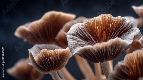Macro shot of intricate mushroom caps, highlighting their texture and beauty. The composition emphasizes the delicate structure and details. 