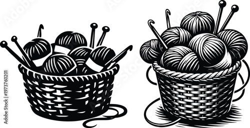 Knitting Yarn Basket with Needles Vintage Black and White Illustration.