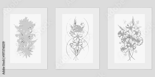 Three botanical illustrations in grayscale arranged vertically in white frames