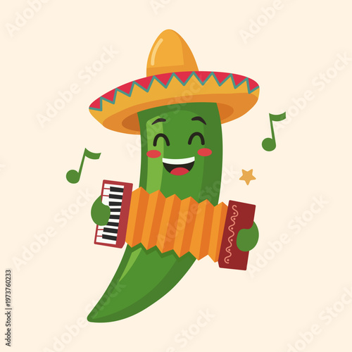 Cheerful Green Jalapeno Pepper Wearing Sombrero Playing Accordion