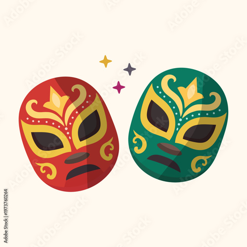 Two Lucha Libre Wrestler Masks with Mexican Cultural Symbols