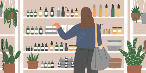 Woman browsing shelves filled with various bottled products in a store