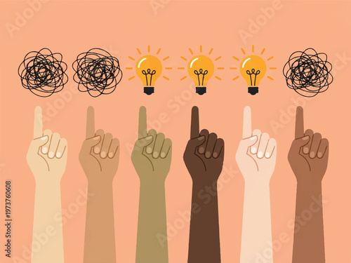Foto Diverse hands pointing to light bulbs and scribbles representing ideas and confu