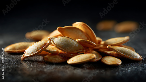 A close-up shot of a pile of pumpkin seeds, showcasing their natural texture and earthy tones. The seeds are golden and inviting.