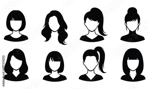 Collection of eight different female avatar icons in black silhouette