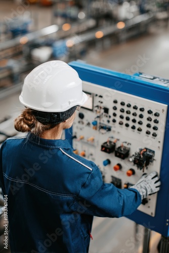 A technician in a safety helmet adjusts settings on a control panel in an industrial environment.