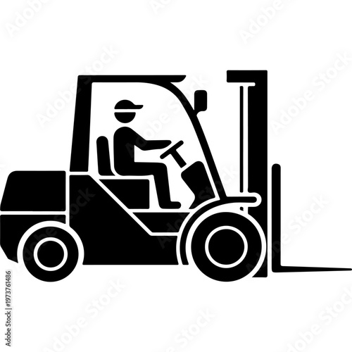 A forklift operator driving a warehouse forklift with raised mast