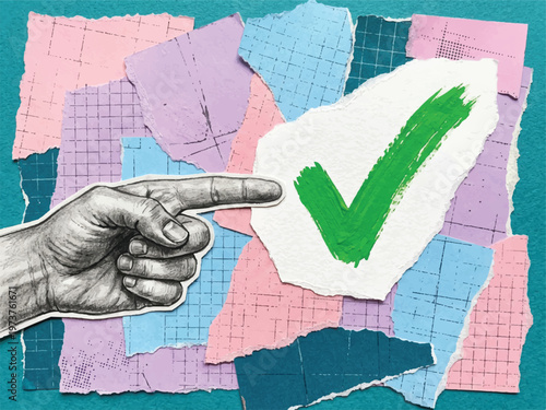 Hand pointing to a green checkmark on a torn paper against a background of colorful torn papers  symbolizing approval and confirmation