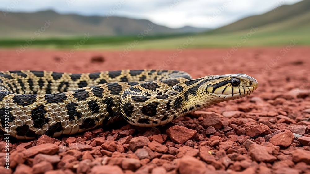 Fototapeta premium Close-up of a Pacific Gopher Snake on Red Gravel in Nature.