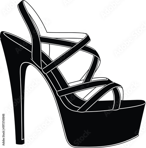 High heel platform shoe, stiletto silhouette, fashion footwear illustration, stylish women shoes, elegant design concept, black white artwork icon