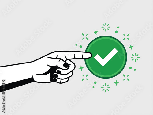 Hand pointing to green checkmark button with sparkles  confirmation and approval concept