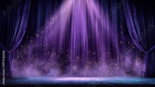 A stage curtain, illuminated by a spotlight, creates a dramatic atmosphere. The scene evokes a sense of anticipation and artistry