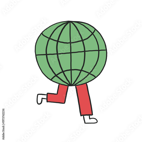 hand drawn earth globe running doodle cartoon illustration