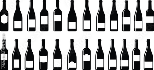 Minimalist wine bottle silhouettes collection vector illustration, black glass shapes, assorted labels, modern design, winery branding, packaging mockup, isolated set