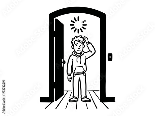 Minimalist Doorway with Confused Cartoon Character Line Art, Monochrome Vector Illustration of Brain Fart Humor