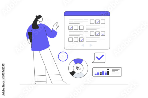 Online survey concept. Woman filling questionnaire on web page, giving feedback, marking answers in checklist form. Flat Cartoon Vector Illustration, icon Stylish abstract design landing page web