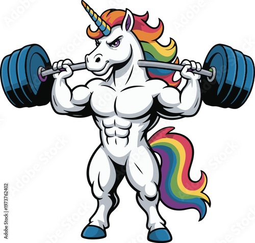 Muscular Bodybuilder Unicorn Lifting Heavy Barbell Vector Illustration
