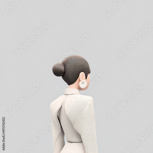 A woman with a bun hairstyle, wearing white coat from behind