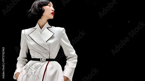 A fashionable woman in a white coat looks into the distance, exuding confidence and elegance. The coat has striking designs and she wears a delicate belt