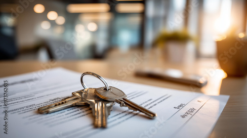 Close up of a set of keys resting on top of a printed leasing document on a bright desk the keys showing a property shaped keychain and the document showing lease term headings