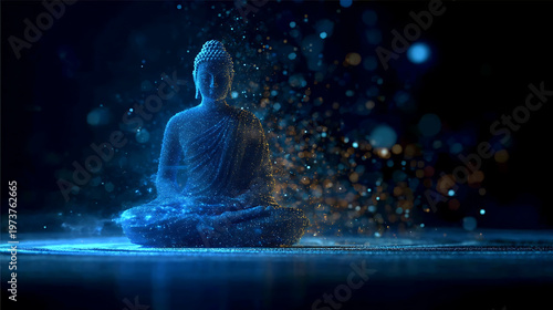 A spiritual illustration of a meditating buddha statue, illuminated by lights
