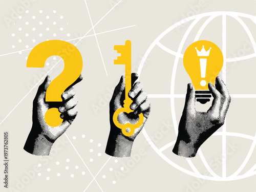 Hands holding question mark key and light bulb with exclamation mark and crown on beige background with white graphics