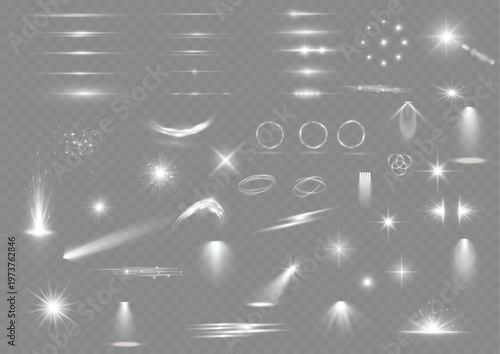 Title collection of diverse light effects and sparkles on a gray background description this image showcases a variety of bright white light