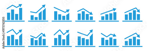Growing graph set. Financial profit blue line and solid icon set. Containing arrow up, growing graph. Profit growth sign. Business chart icon.