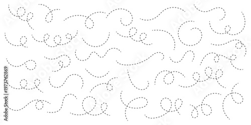Spiral dotted line hand drawn. Curved dotted line, Path travel dotted line trip dashed trace destination. Spiral dotted line hand drawn. Hand drawn dotted line element set.