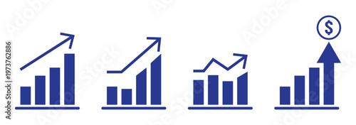 Growing graph set. Financial profit blue line and solid icon set. Containing arrow up, growing graph. Profit growth sign. Business chart icon.