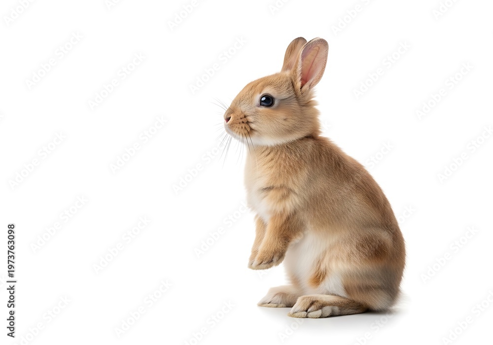 Fototapeta premium Adorable brown young rabbit sitting upright and looking to the left side