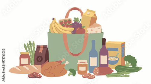Full reusable shopping bag with various fresh groceries and food items