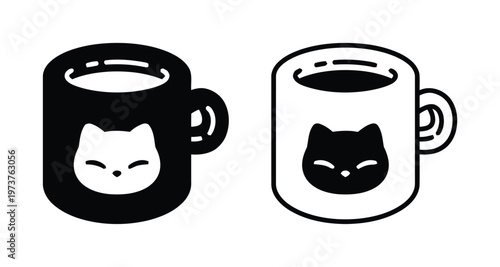 Two cute cat face mugs, one black and one white, filled with liquid