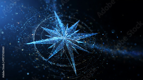 A shimmering illustration of a compass rose set against a dark background, evoking a sense of exploration and navigation