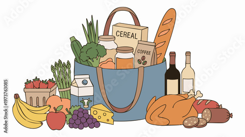 Full grocery haul illustration with fresh produce, pantry items, and essentials