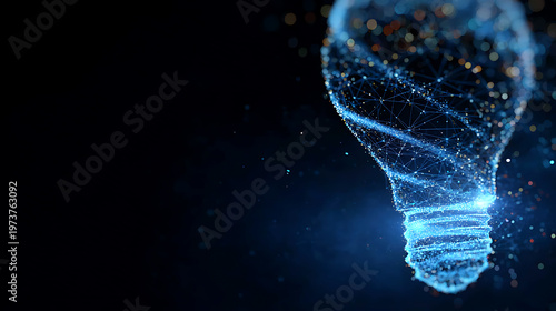 A captivating digital rendering of a glowing light bulb, filled with particles, on a dark backdrop, symbolizing the spark of an idea