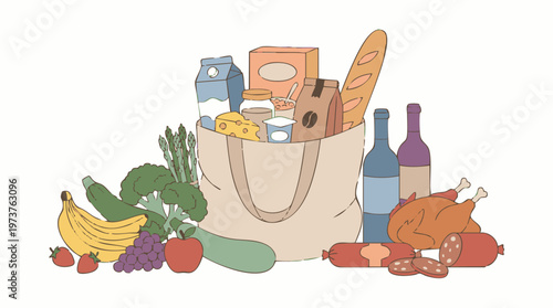 Variety of fresh groceries and food items including produce, meat, and dairy