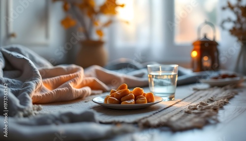 Traditional Ramadan Iftar meal setup with dates, water, and lanterns