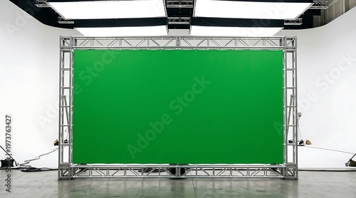 Green screen backdrop for professional video production inside a modern studio set