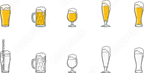 Collection of various beer glasses with and without beer on white background