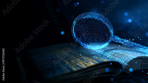 Digital magnifying glass hovering over an open ancient book with glowing particles, representing exploration and knowledge