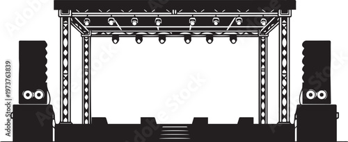 Concert stage silhouette vector illustration with sound speakers and performance line art